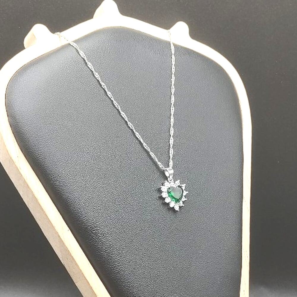 925 Silver Green CZ Emerald Necklace Hearts Summer  Anniversary Birthday Gift